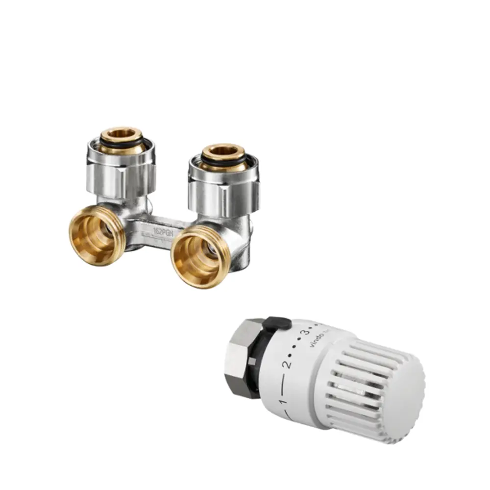 Set mit Anschlussstück und Thermostat von Oventrop für Heizkörper. Das Set umfasst einen Hahnblock und ein Thermostatventil für G 3/4 AG Heizkörperanschluss.
